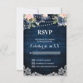 Cartão RSVP Luzes de Corda Rústicas com Flores Rosadas Azul-Ma