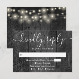 Cartão RSVP Luzes de Corda Rustico Madeira Preta Casamento Wes