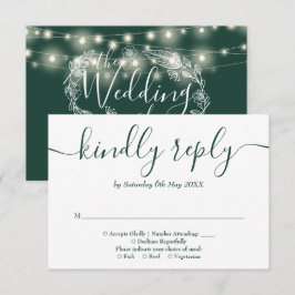 Cartão RSVP Luzes de Corda Verde Esmeralda Floral Casamento