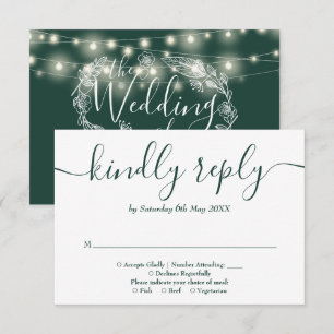 Cartão RSVP Luzes de Corda Verde Esmeralda Floral Casamento