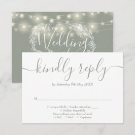 Cartão RSVP Luzes de Corda Verde Sage Casamento Floral