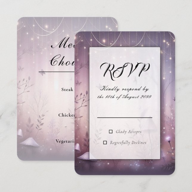 Cartão RSVP Luzes de Fadas de Lavanda Mágicas para Casamento (Frente/Verso)