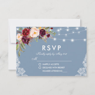 Cartão RSVP Luzes Florais do Borgonha Azul Dusty