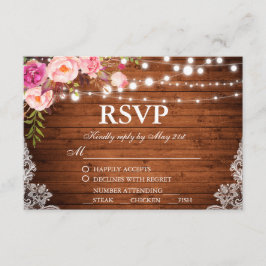 Cartão RSVP Luzes Florais Rústicas De Madeira De Casamento Lac