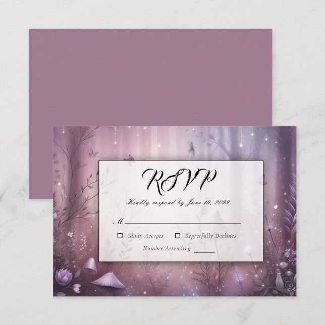 Cartão RSVP Luzes Mágicas de Fada de Lavanda para Casamento (Frente/Verso)