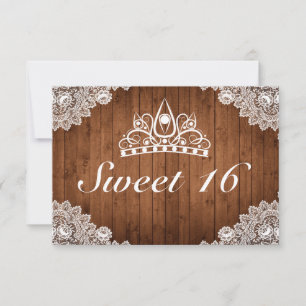 Cartão RSVP Madeira russa e renda branca Tiara Sweet 16