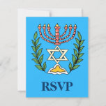 Cartão RSVP Magen Persa David Menorah<br><div class="desc">Uma placa RSVP para acompanhar os convites do Bar/Bat Mitzvah com o mesmo design. Esta imagem foi adaptada de um antigo azulejo judeu persa e apresenta uma menorah com um Magen David (Estrela de David) enquadrado por ramos de oliveira. As imperfeições da imagem original pintada à mão foram preservadas.</div>