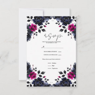 Cartão RSVP Magenta Rosa e Azul Floral Aguarela Enigmática RSV