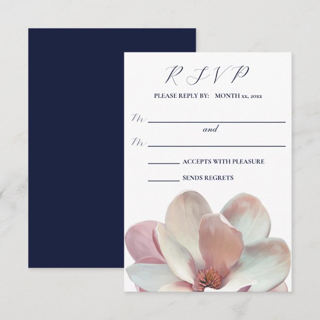 Cartão RSVP Magnolia Elegante, Casamento Rosa e Branco (Frente/Verso)