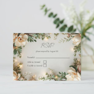 Cartão RSVP Magnólias e Luzes Casamento Floral Elegante