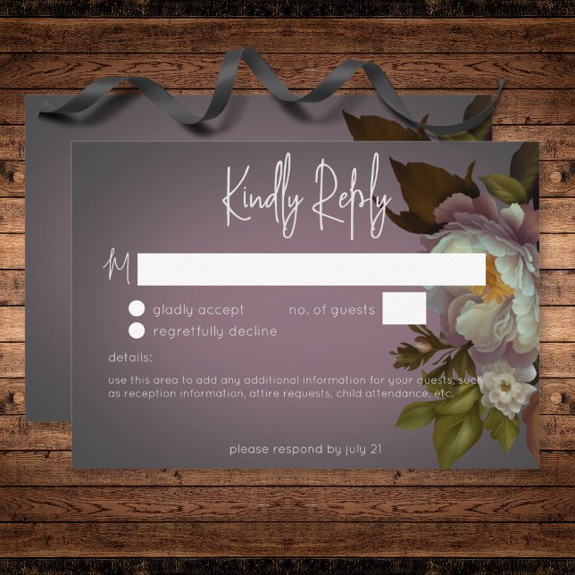 Cartão RSVP Maldição Escura Mauve Floral Moderno Casamento Sem (Dark Moody Mauve Floral Modern Wedding No Dinner RSVP Card)