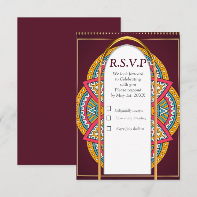 Cartão RSVP Mandalas em fundo Maroon (Frente/Verso)