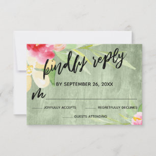 Cartão RSVP Manuscrito Casual Flores de Aquarelas Madeira Verd