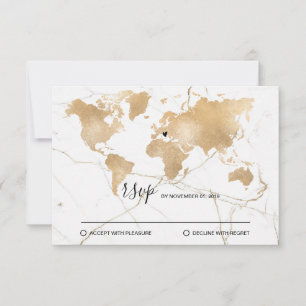 Cartão RSVP Mapa Mundial de Destino de Casamento Dourado com C