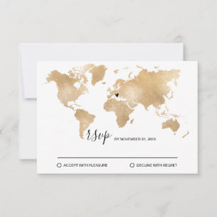 Cartão RSVP Mapa Mundial de Destino de Casamento em Ouro com C