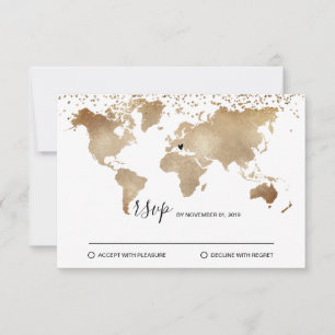 Cartão RSVP Mapa Mundial Destino de Casamento Dourado com Cora