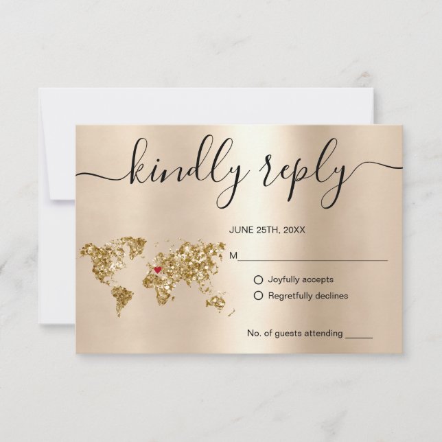 Cartão RSVP Mapa Mundial Dourado do Passaporte de Destino de C (Frente)