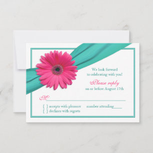 Cartão RSVP Margarida Gerbera Rosa Fita Turquesa Casamento RSV