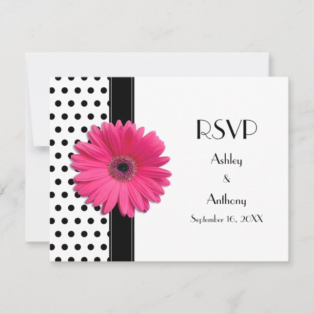 Cartão RSVP Margarida Rosa Preto Branco Bolinhas Casamento RSV (Frente)
