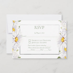Cartão RSVP Margaridas Brancas Aquarela Floral com Prata