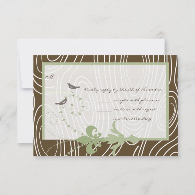 Cartão RSVP Margarita Green Brown Wood Grain Bird Response (Frente)