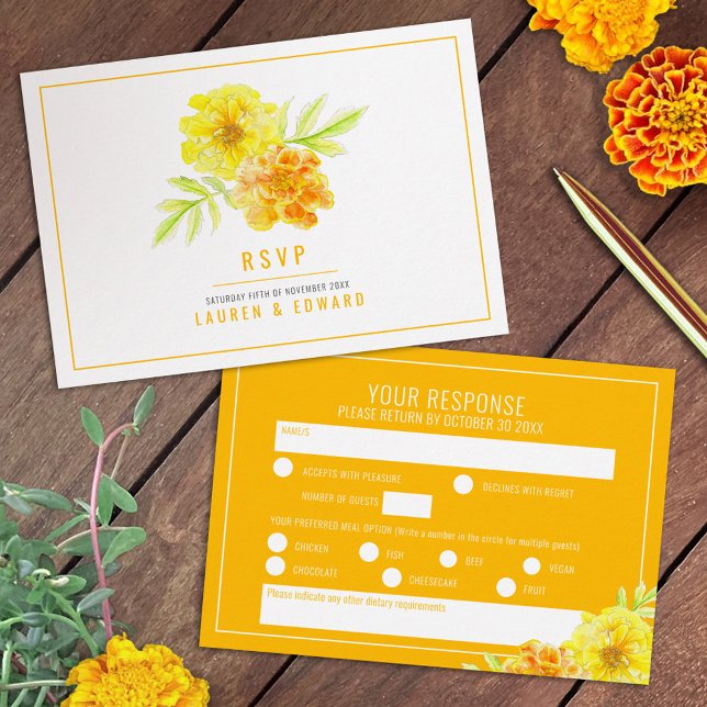 Cartão RSVP Marigold floresce amarelo casado aquarela (Criador carregado)