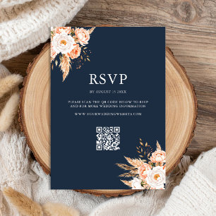 Cartão RSVP Marinho Azul Boho Chic Casamento Floral