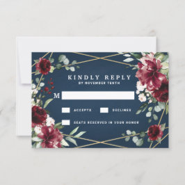 Cartão RSVP Marinho Azul Borgonha Blush Dourado Casamento Flor