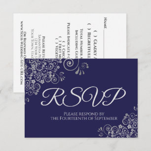 Cartão RSVP Marinho Azul com Casamento de rendas de prata eleg