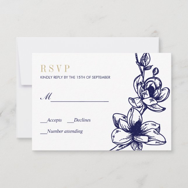 Cartão RSVP Marinho Azul Dourada Magnolia Flores Bloom Weding  (Frente)