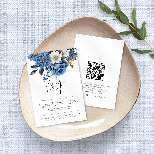 Cartão RSVP Marinho Azul Dourado Florais Código QR Casamento (Criador carregado)