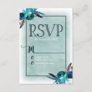 Cartão RSVP Marinho Azul e Aqua Watercolor Casamento Floral RS