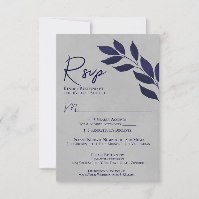 Cartão RSVP Marinho Azul e Cinza Casamento de Aquarela (Frente)