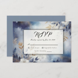 Cartão RSVP Marinho Azul e Dourado Casamento Floral