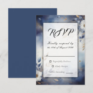 Cartão RSVP Marinho Azul e Dourado Casamento Floral