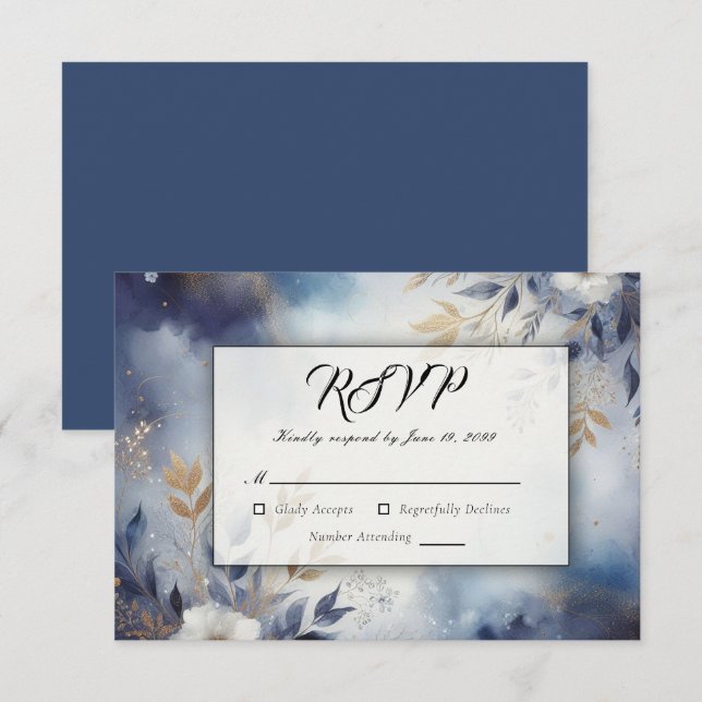 Cartão RSVP Marinho Azul e Dourado Casamento Floral (Frente/Verso)