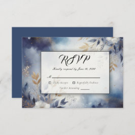 Cartão RSVP Marinho Azul e Dourado Casamento Floral