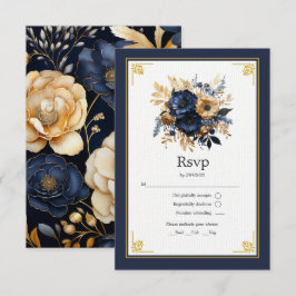 Cartão RSVP Marinho Azul e Dourado Casamento Floral