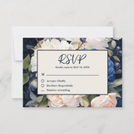 Cartão RSVP Marinho Azul e Pincel Pintado Casamento Floral Ros