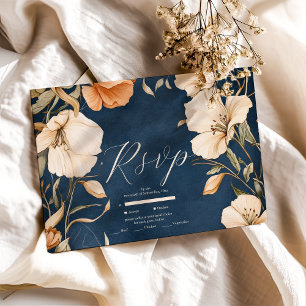 Cartão RSVP Marinho Azul Elegante Ivory Floral Casamento