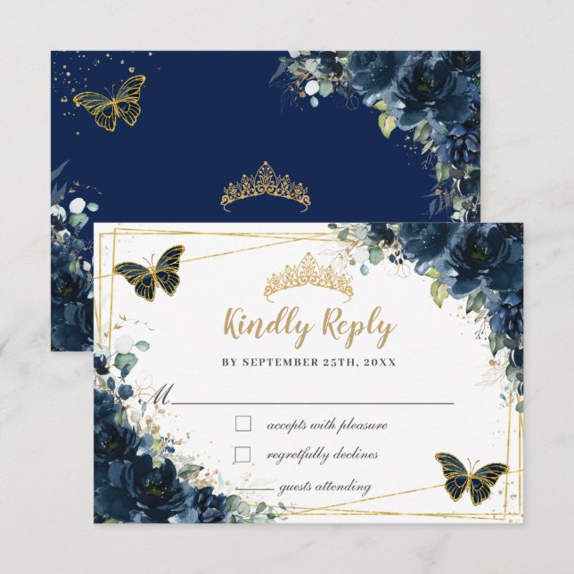 Cartão RSVP Marinho Azul Floral Dourada Borboleta Quinceañera  (Frente/Verso)