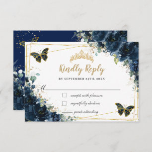 Cartão RSVP Marinho Azul Floral Dourada Borboleta Quinceañera