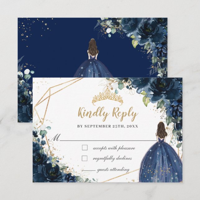 Cartão RSVP Marinho Azul Floral Dourada Princesa Quinceañera R (Frente/Verso)