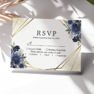 Cartão RSVP Marinho Azul Floral Dourado Geométrico