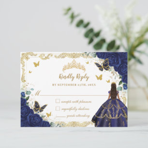 Cartão RSVP Marinho Azul Floral Quinceañera Princesa Coroa Dou