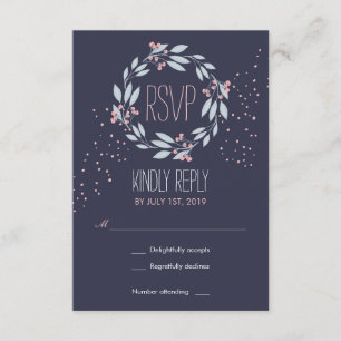 Cartão RSVP Marinho Azul Flower Wreath Casamento