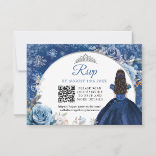 Cartão RSVP Marinho Azul Inverno Floco de Neve Quinceanera Cód