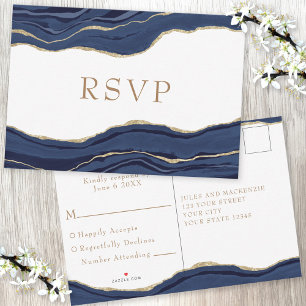 Cartão RSVP Marinho Azul Marble Agate Dourado Glitter Weding R