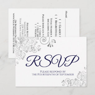 Cartão RSVP Marinho Azul no Casamento de Lace Silver Elegante 