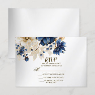 Cartão RSVP Marinho Azul Ouro Branco Prata Floral